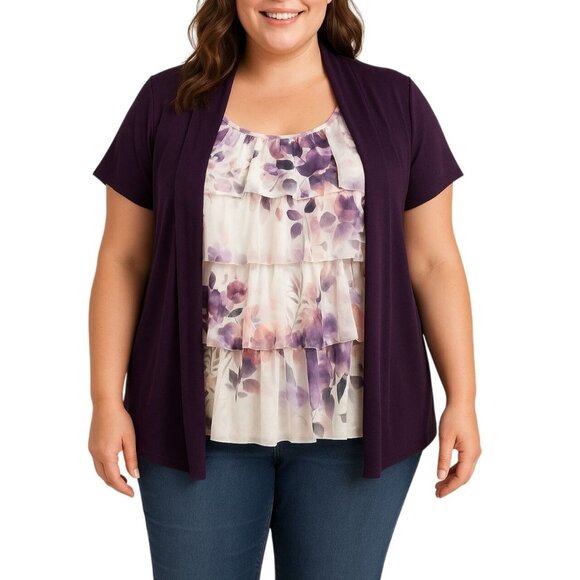 Purple Attached Cardigan Floral Ruffle Sleeveless Layered Womens Top Size Large - Picture 1 of 7